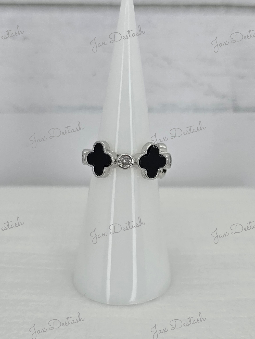 Silver Tone Black Clover Cluster Accent Ring RG037